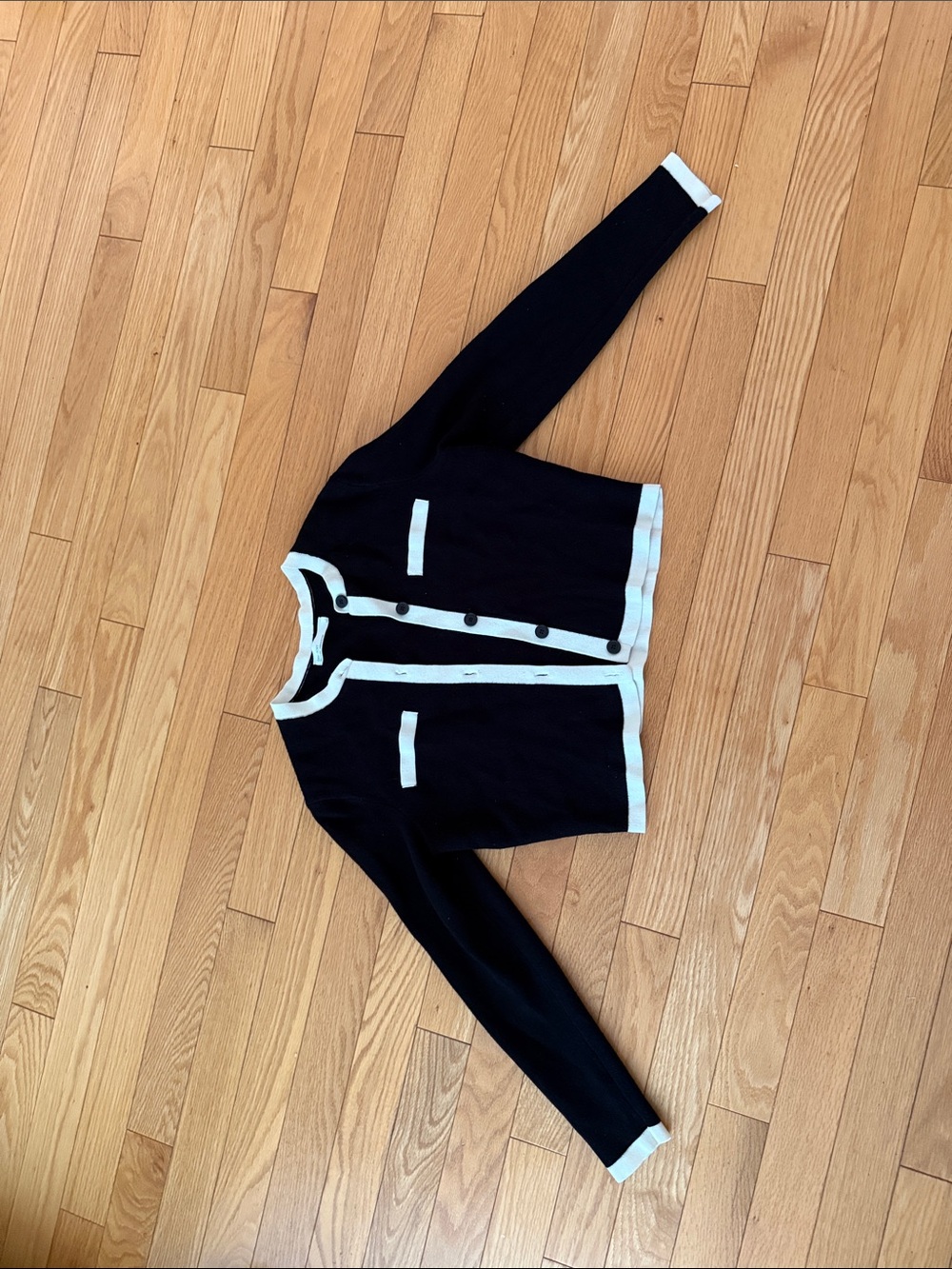 Black Crewneck Button-Front cardigan sweater with White Trim